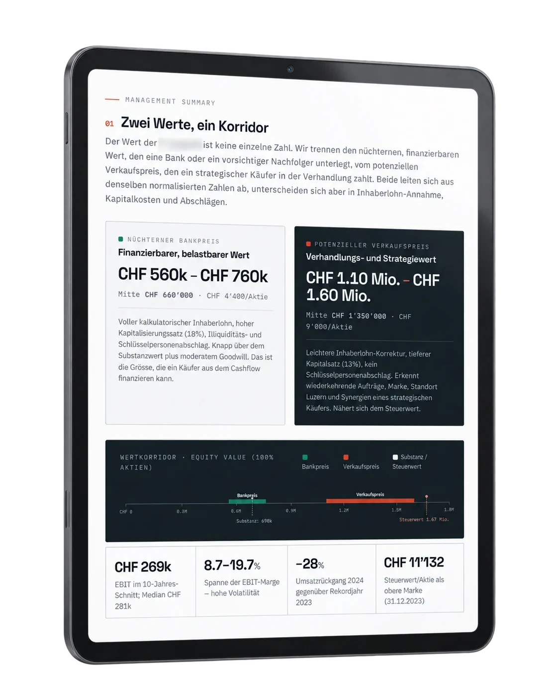 Tablet mit der Seite «Wertbandbreite» aus dem fiktiven Bewertungsbericht